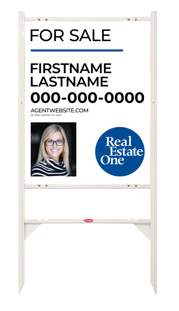 Reflective Angle Iron Frame W/ 1 Rider Inserts And Agent Photo Sign Panel Unit, 30"H X 24"W, 3mm Aluminum Composite