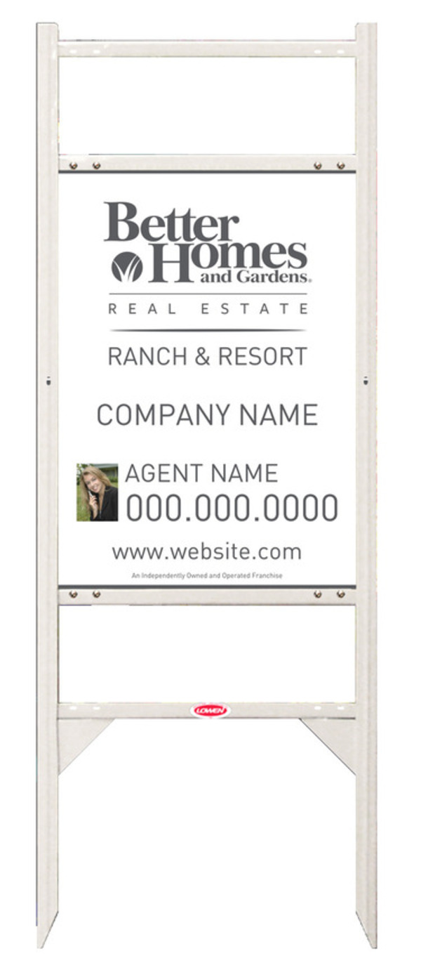 Ranch and Resort real estate white angle iron sign frame and photo panel unit with two rider inserts, 24 GA steel 24h x 18w