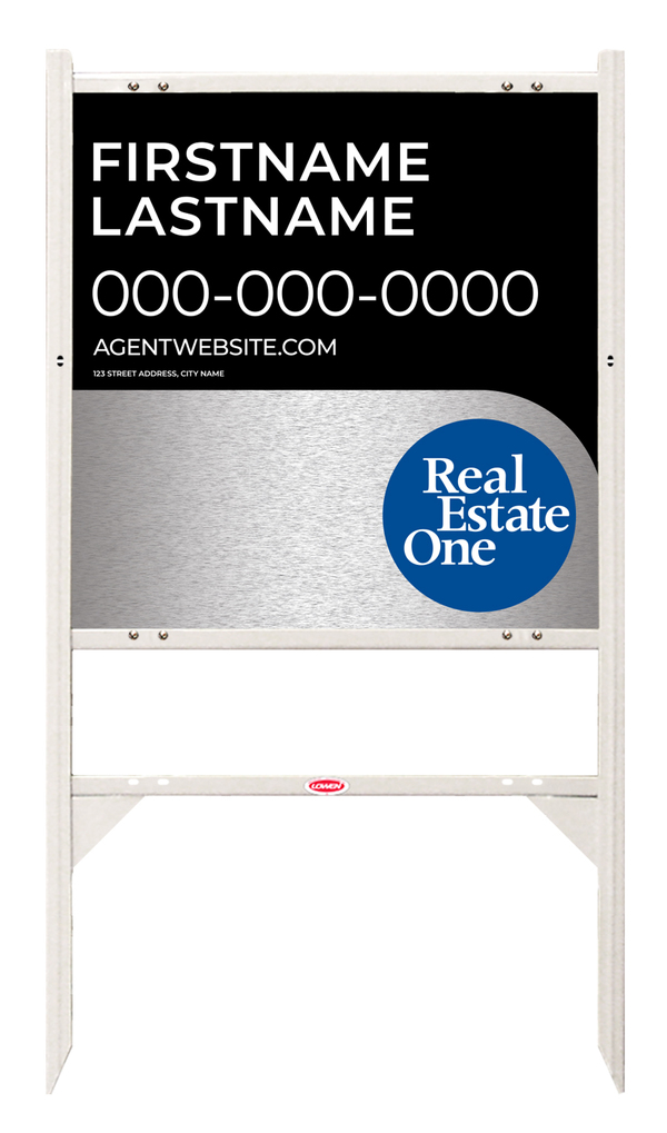 Angle Iron Frame w 1 Rider Inserts and Agent Name Sign Panel Unit, 24h x 24w, 3MM Brushed Aluminum Composite