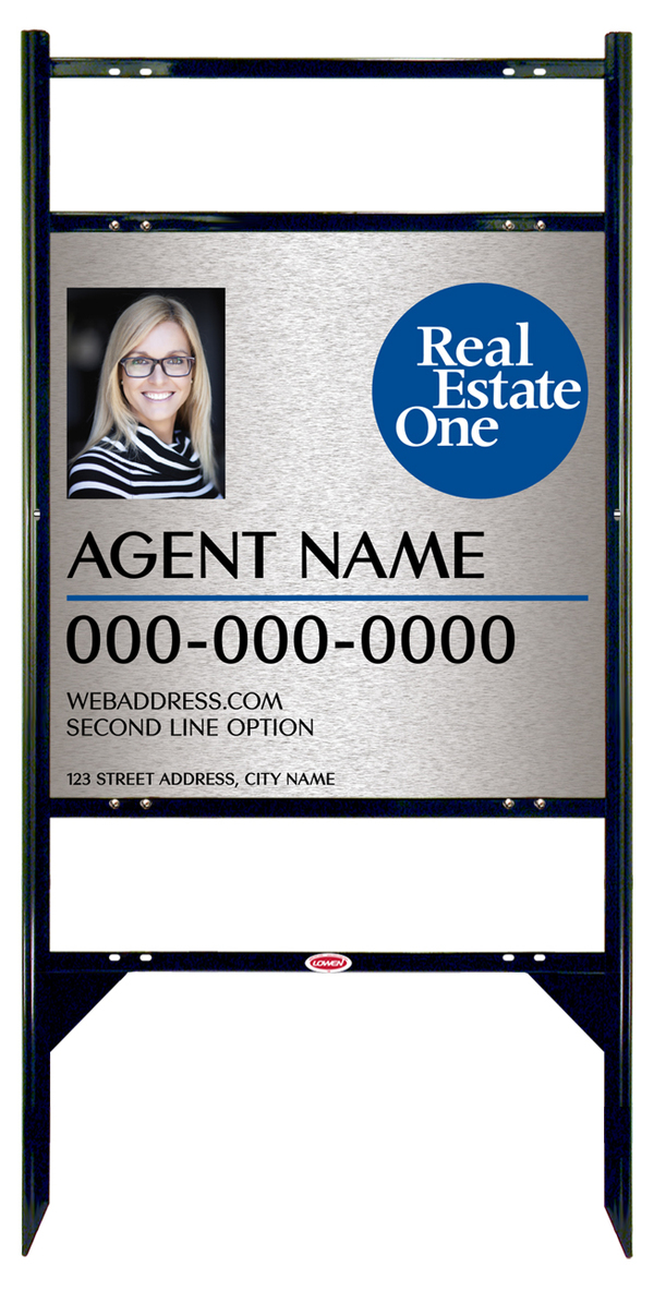 Angle Iron Frame w 2 Rider Inserts and Longest Agent Name Photo Sign Panel Unit, 24h x 24w, 3MM Brushed Aluminum Composite