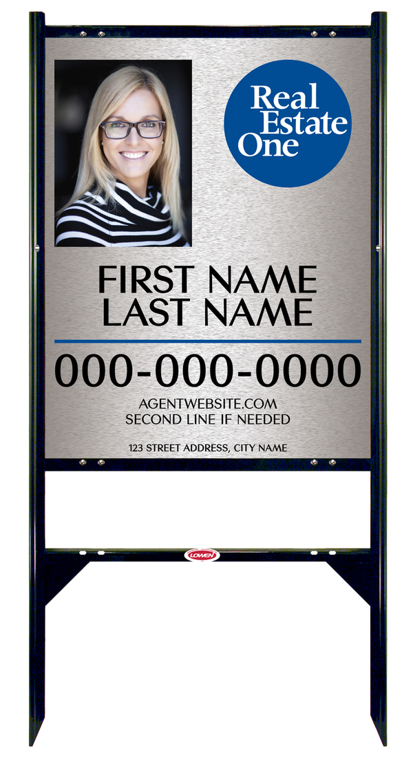 Angle Iron Frame w 1 Rider Inserts and Agent Photo Sign Panel Unit, 30h x 24w, 3MM Brushed Aluminum Composite